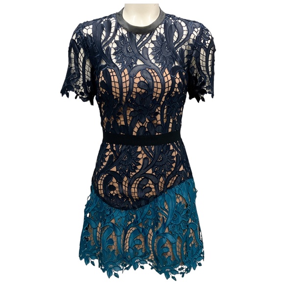 SELF-PORTRAIT NAVY BLUE / TEAL 2021 PRAIRIE GUIPURE MINI DRESS - Picture 1 of 4